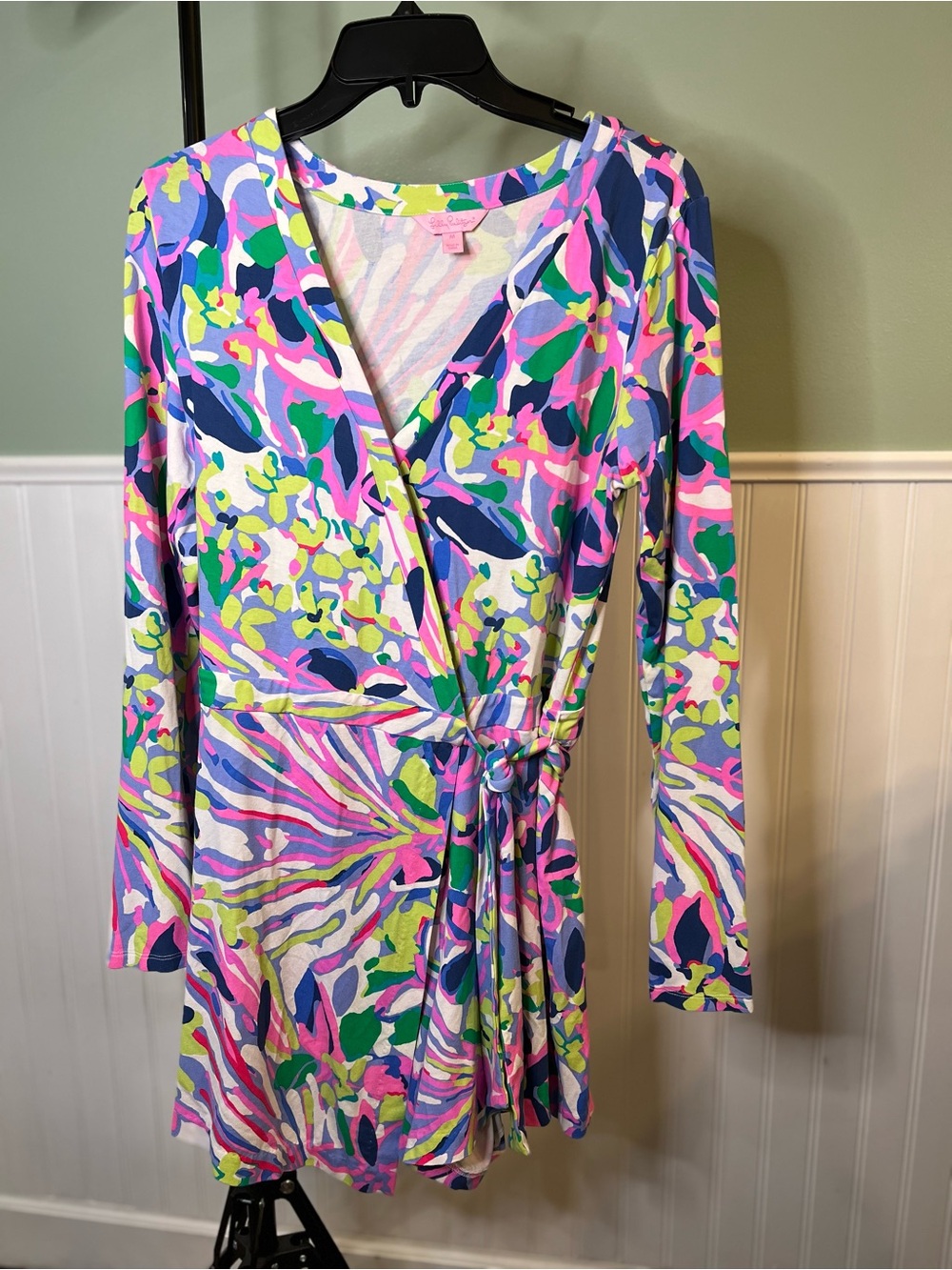 Lilly Pulitzer Multicolor Floral Wrap Romper in Pink, Green & Blue. Size M